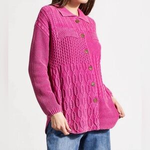 Tribal Patchwork Knit Cotton Cardigan Shacket in Magenta Size S